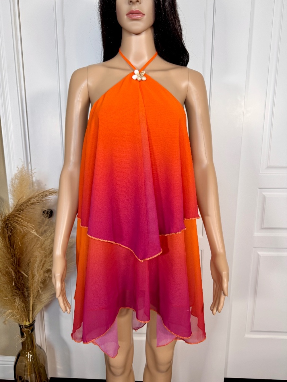 OMBRÉ SLEEVELESS HALTER TOP LAYERED CHIFFON BACKLESS MINI DRESS NWOT - Picture 7 of 16